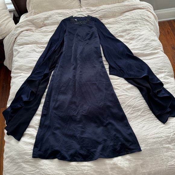 Rickie Freeman For Teri Jon Beaded Cape-Sleeve Satin Gown in Navy - Size 2 - Picture 8 of 14